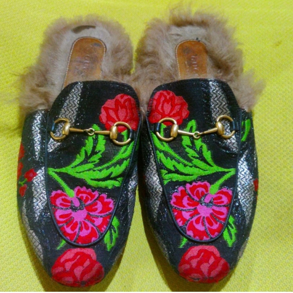 GUCCI Princeton loafers pink floral with fur EU 37.5